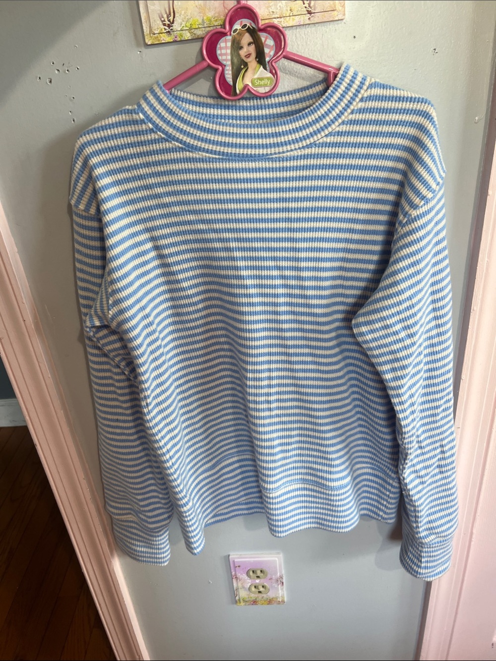 Blue and White Striped Ribbed Pullover Sweater